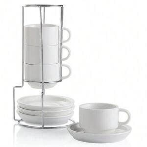 Porcelain Espresso Cups with Saucers Metal Stand Stackable 2.5 oz White 4 Pc